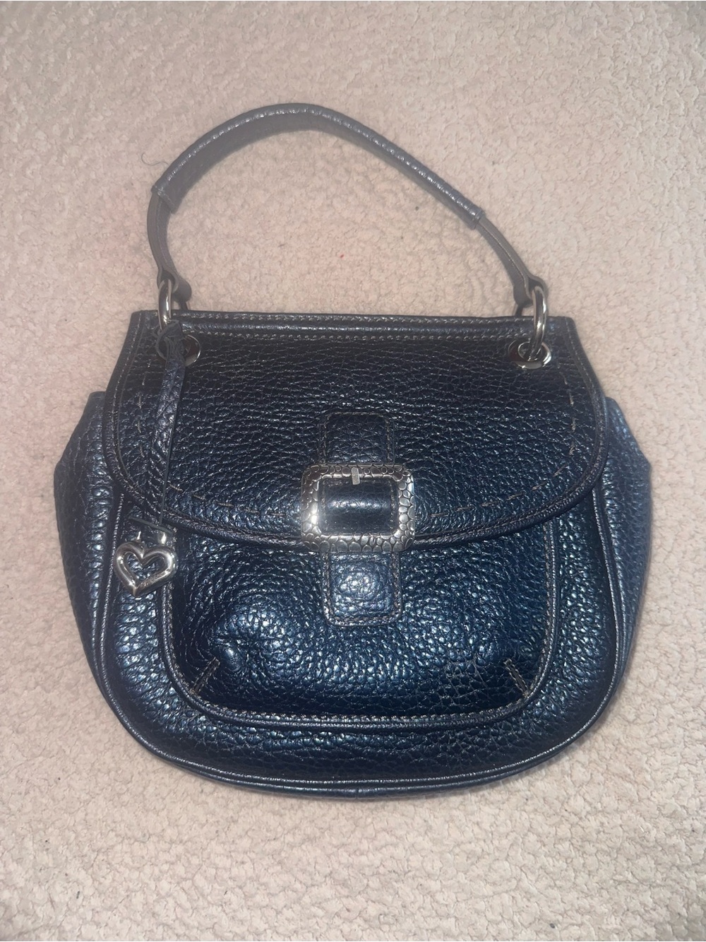 Vintage Brighton, Metallic Navy Blue LeatherTop-Handle Bag with Heart Charm